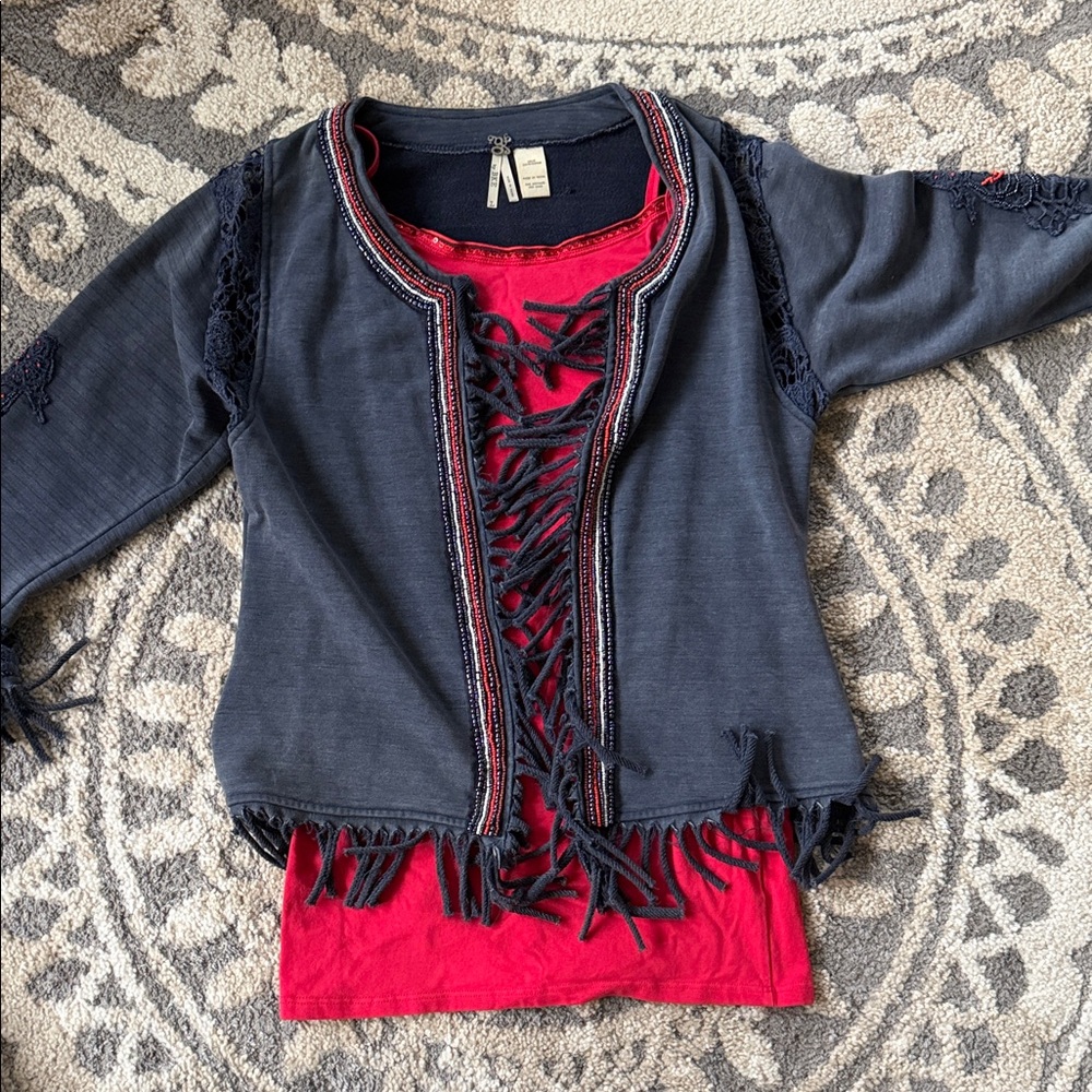 BKE Dark Blue Cardigan with Red Detailing and Fringe bundle with red tank top